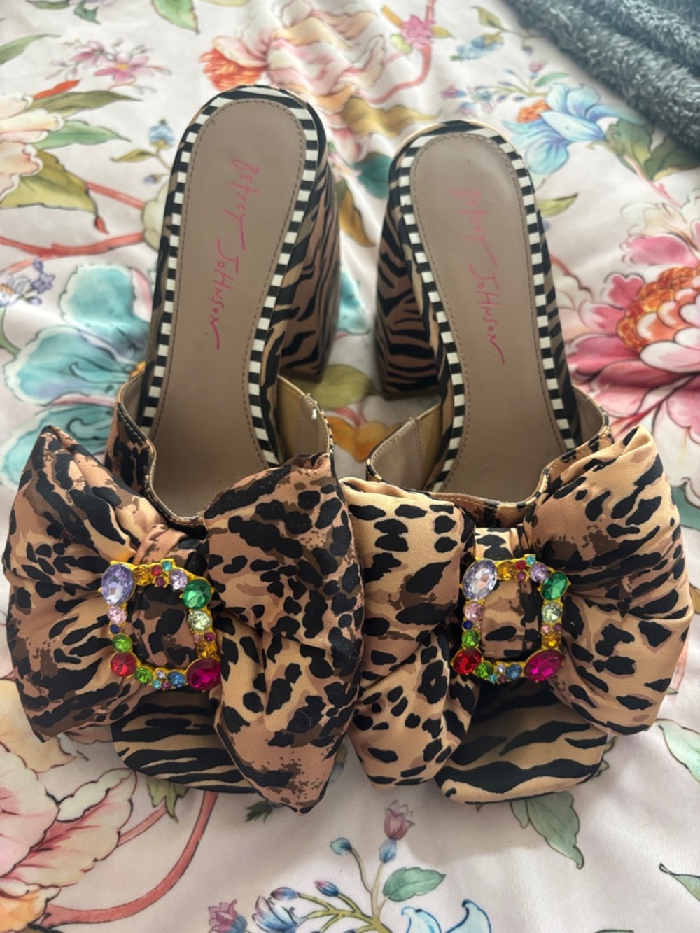 Betsey Johnson Leopard Print Bow Mules with Multicolor Jewel Buckles